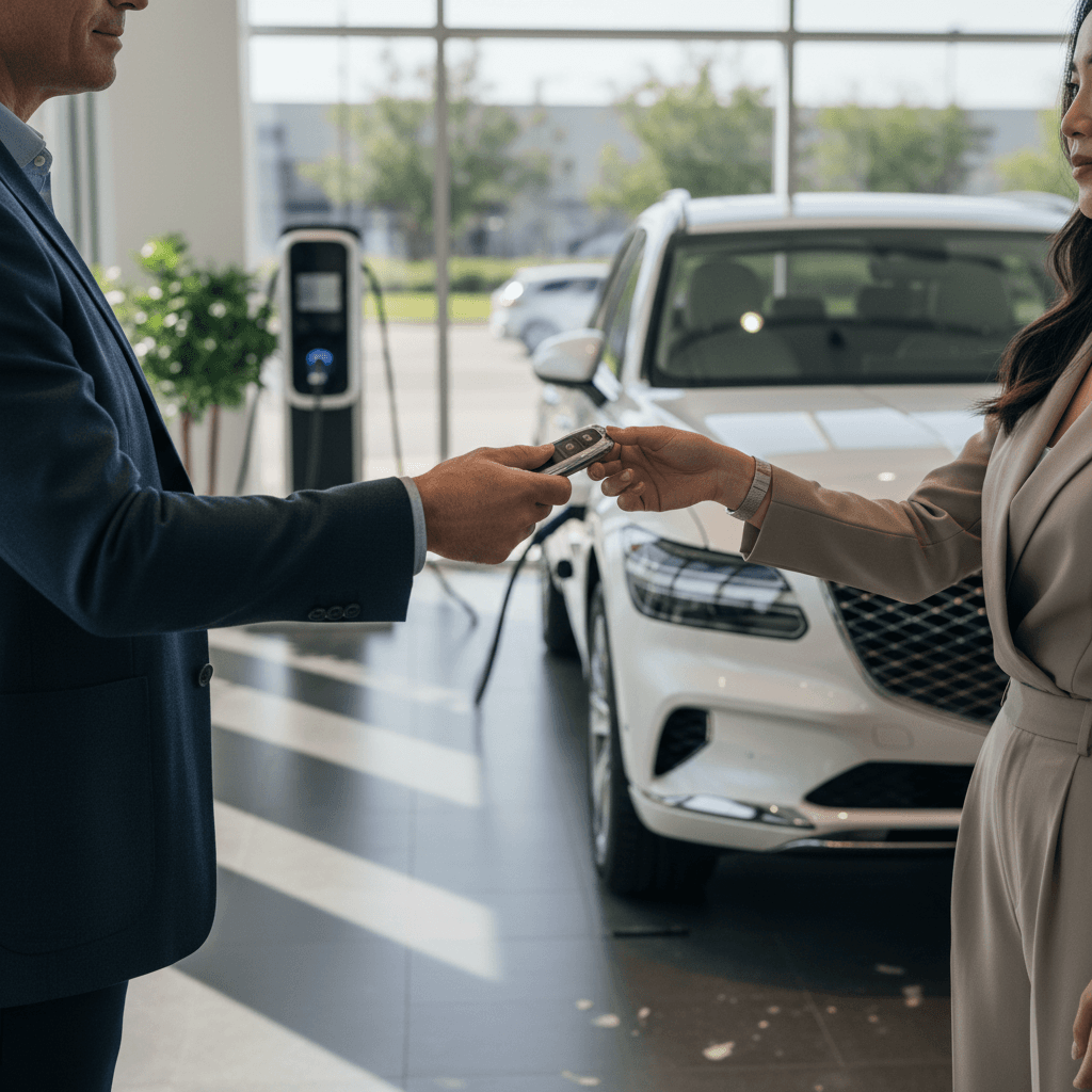 Seller and buyer reviewing paperwork next to a white Genesis Electrified GV70 at an EV-focused dealership