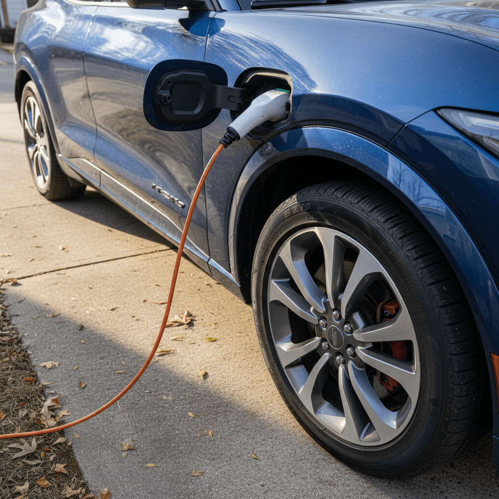 Ford Mustang Mach-E plugged into a Level 2 home charger in a suburban driveway