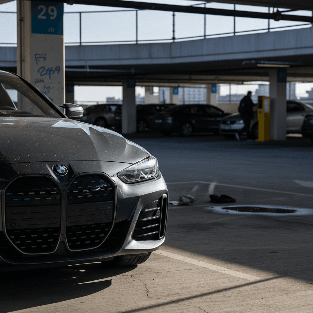 BMW i4 electric sedan parked in a city lot, highlighting its front end and headlights