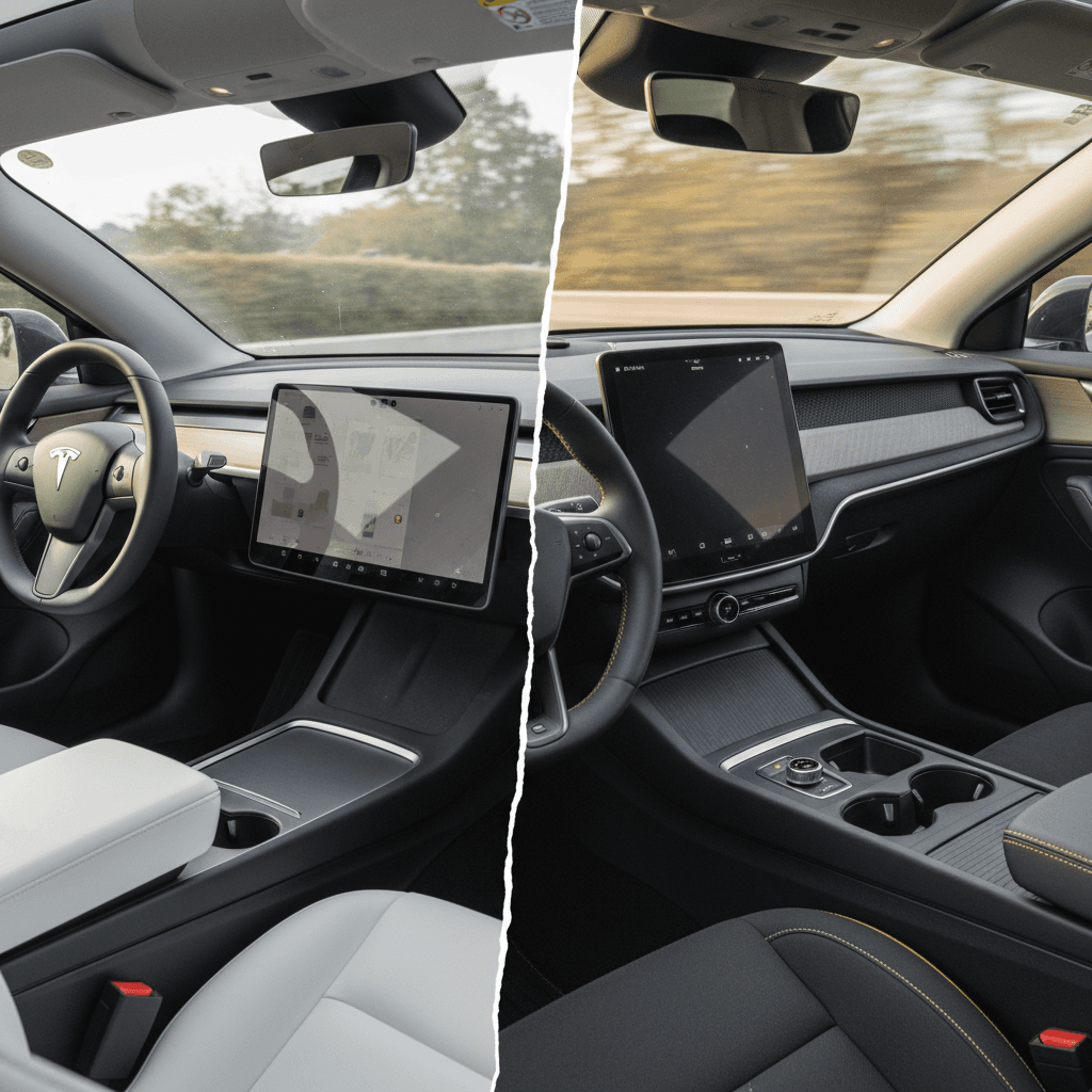 Side by side interiors of a Tesla Model 3 and a Polestar 2 showing the minimalist Tesla dashboard and the more traditional, upscale Polestar cabin
