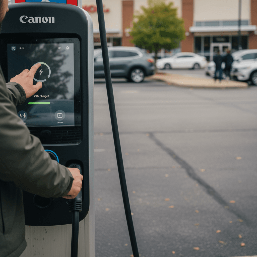 Several electric vehicles plugged into public Level 2 chargers in a downtown Durham parking lot