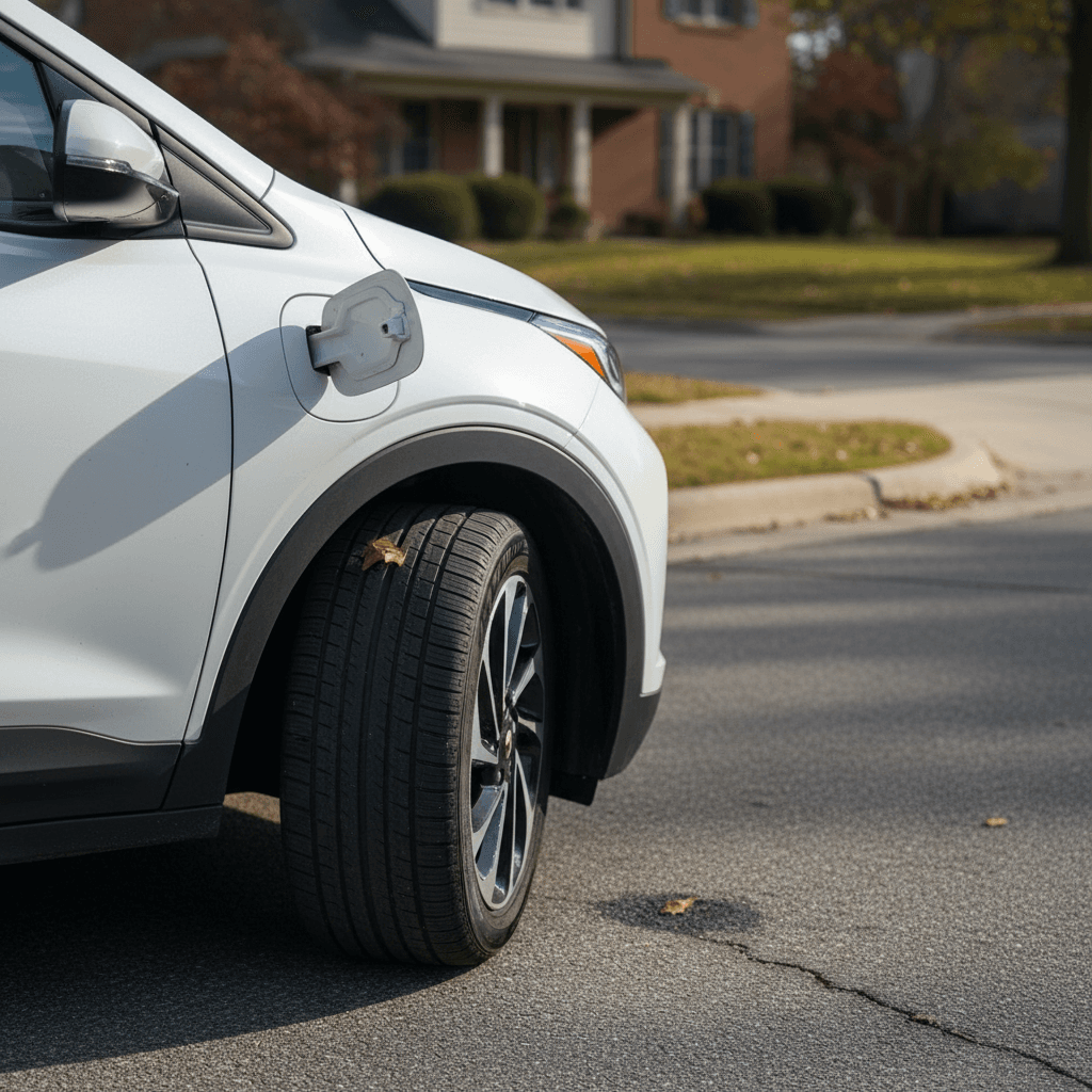 Blue Chevrolet Bolt EUV parked on a quiet neighborhood street, illustrating a typical insured daily driver EV