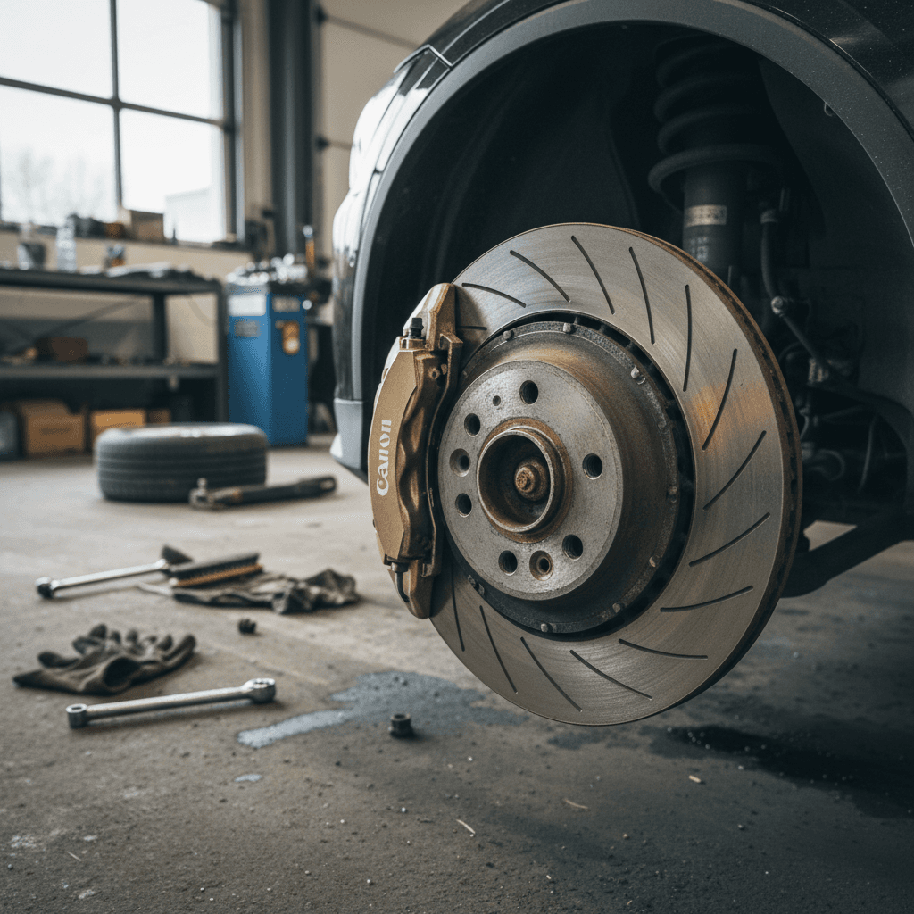 Technician inspecting front brake rotor and caliper on a Polestar 2 with the wheel removed