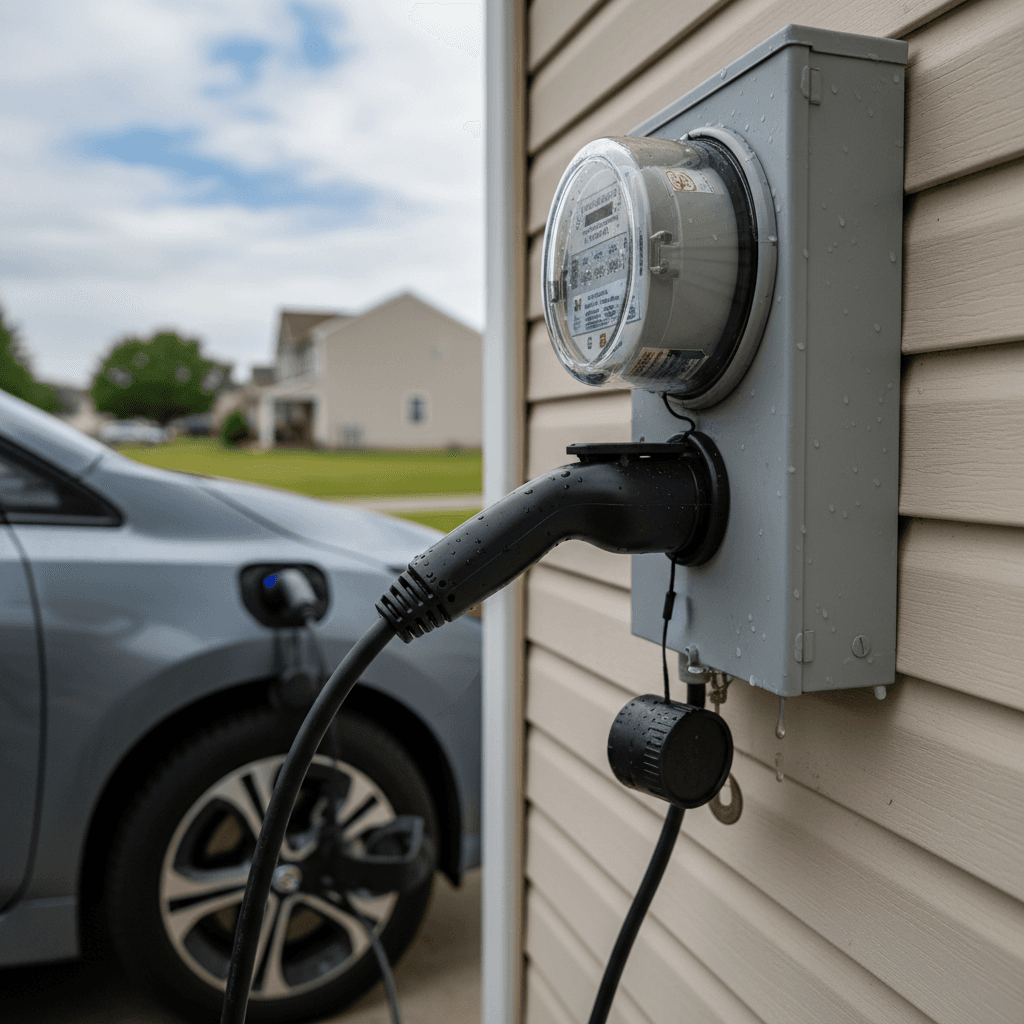 Electric vehicle plugged into a home Level 2 charger mounted on the exterior wall of a Virginia home