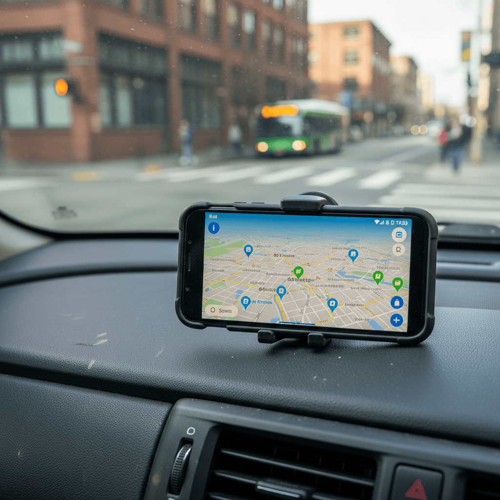 A driver in downtown Seattle checking a smartphone app that shows nearby EV charging stations on a map.