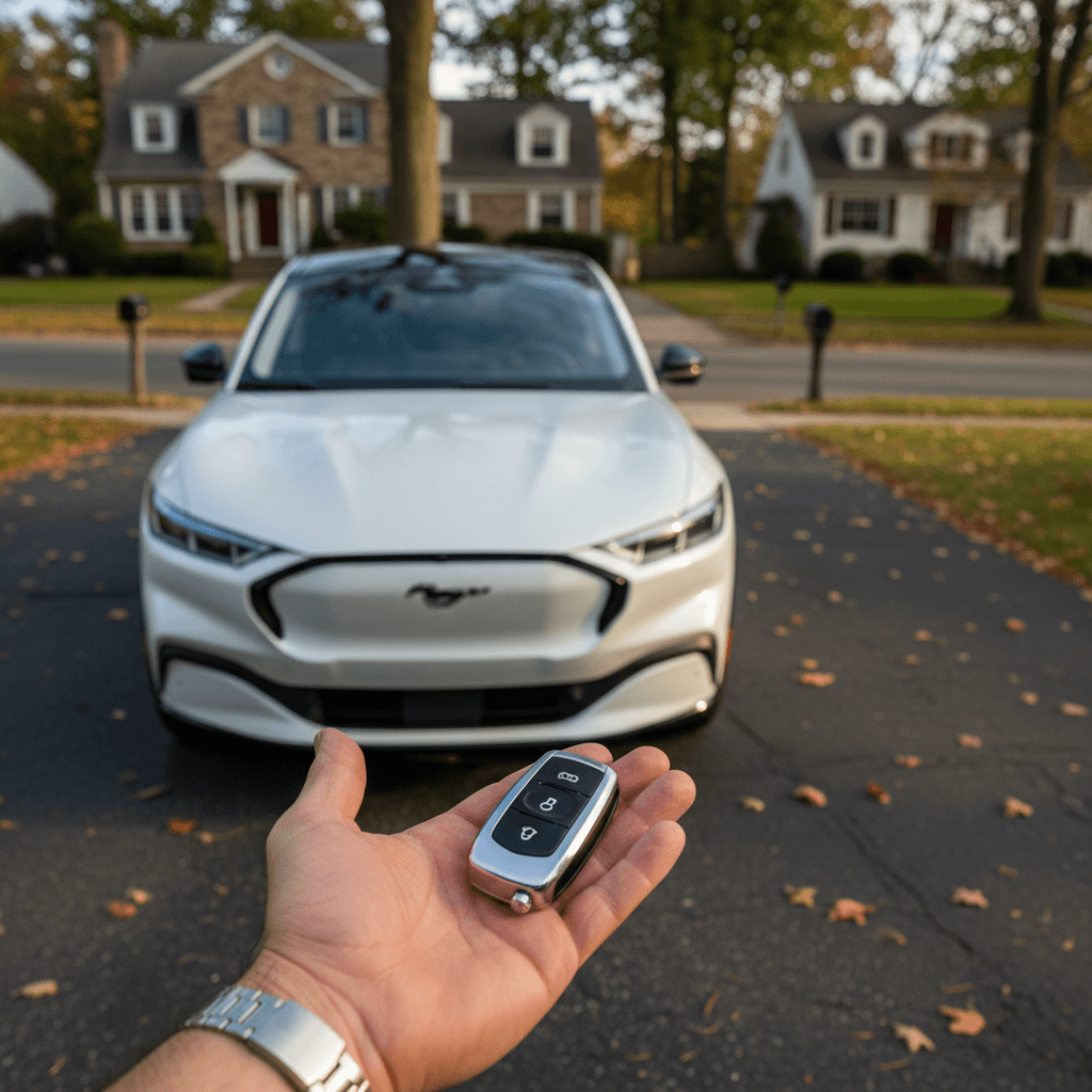 Ford Mustang Mach‑E owner handing keys to a buyer in a Pennsylvania driveway