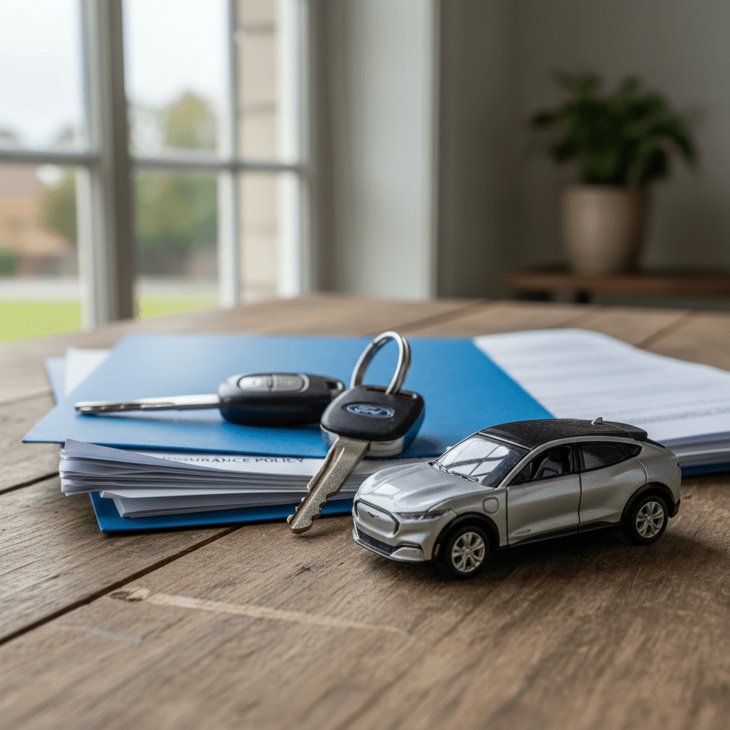 Insurance paperwork and a key fob on a table next to a small electric SUV model similar to a Ford Mustang Mach‑E