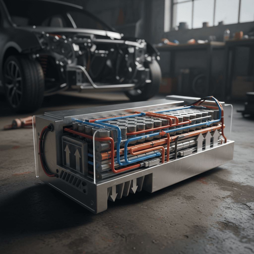 Cutaway illustration of an EV battery pack showing liquid coolant channels and heat pump lines that move heat in and out of the cells.