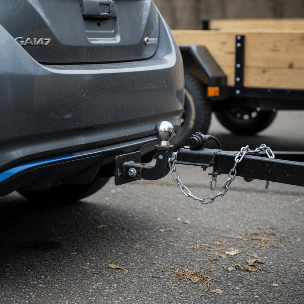 Small hitch receiver on an electric hatchback with a light utility trailer attached