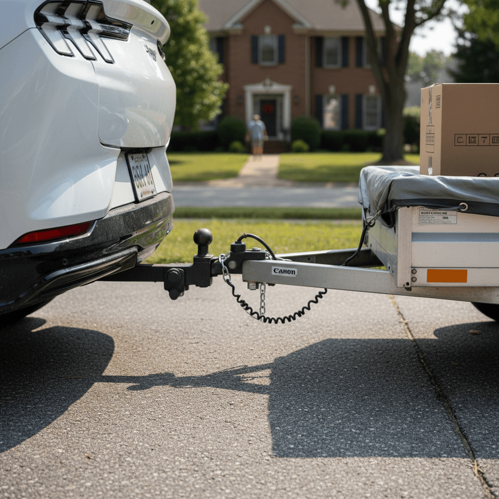 Ford Mustang Mach-E with an installed tow hitch hooked to a small utility trailer in a driveway