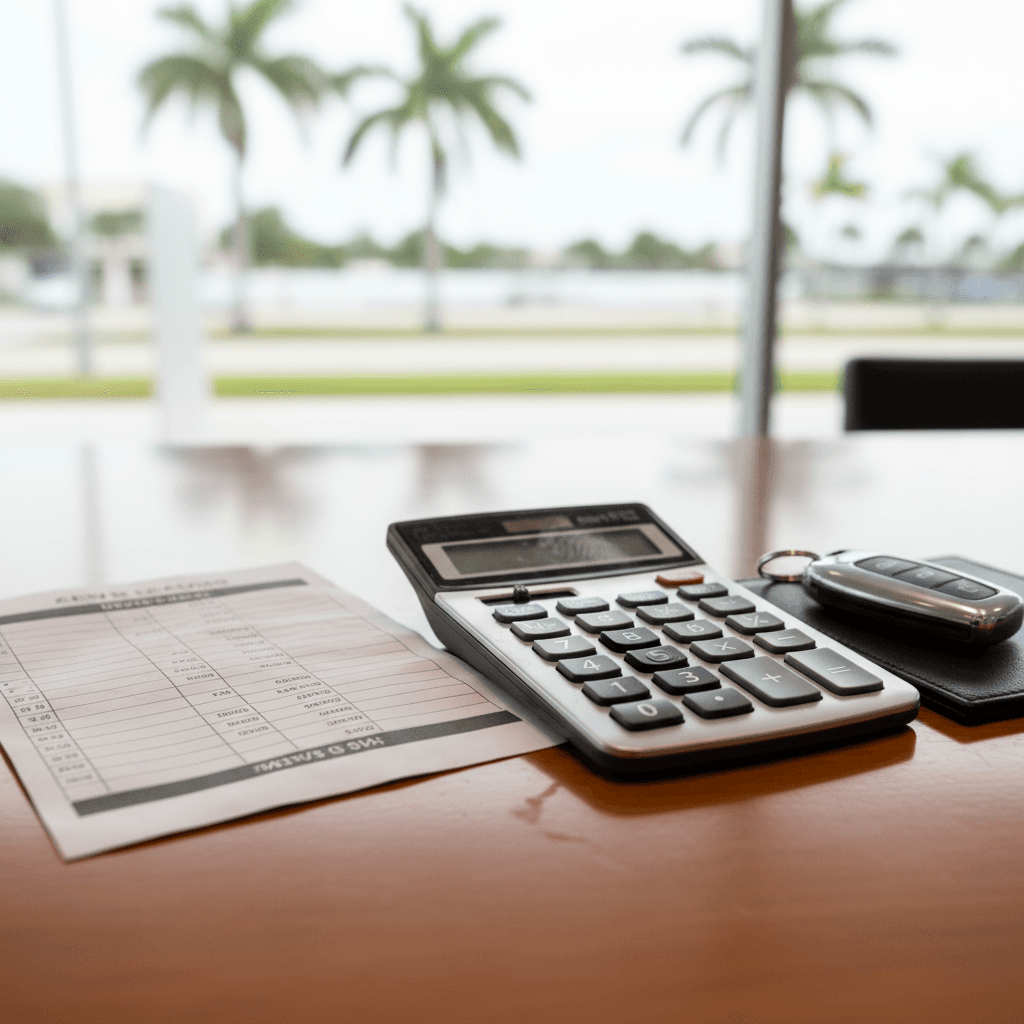 Close-up of an EV lease worksheet and calculator on a dealer’s desk with palm trees outside the window