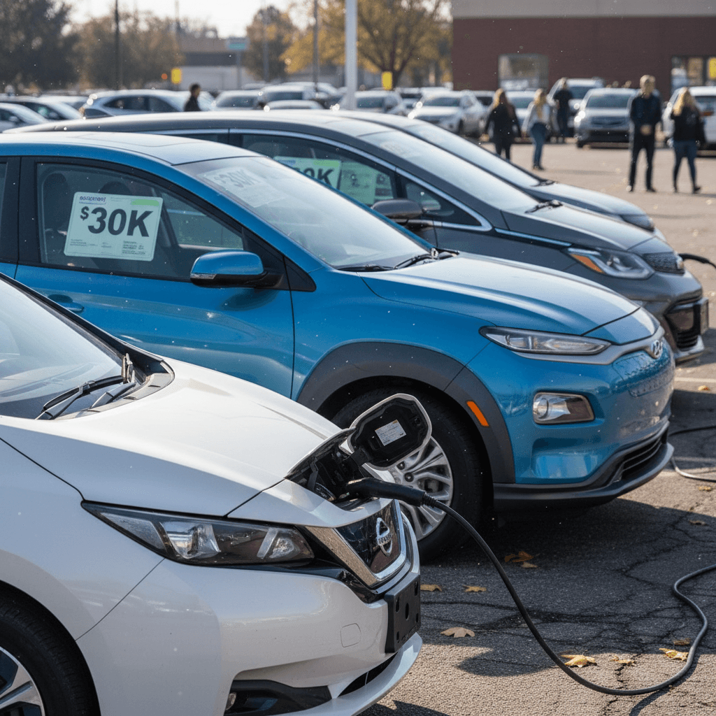 Row of used electric cars lined up at a dealership lot