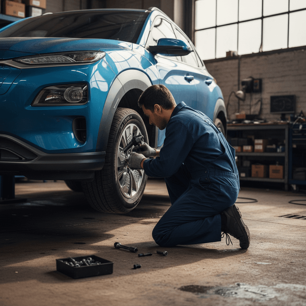 Technician checking the tires and brakes on a Hyundai Kona Electric on a lift