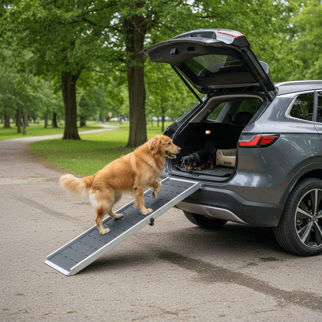 Electric crossover SUV with open rear hatch and a portable ramp set up for a medium-sized dog