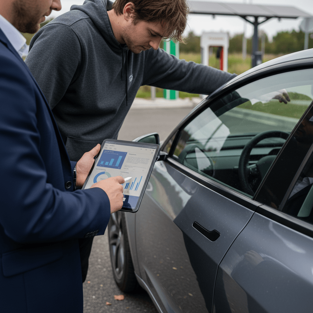 Insurance agent and driver reviewing Tesla Model 3 insurance coverage options and costs on a tablet