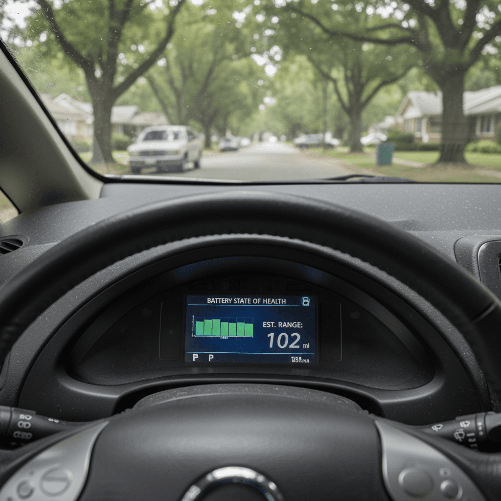Nissan Leaf dashboard display showing battery state-of-health bars and estimated range