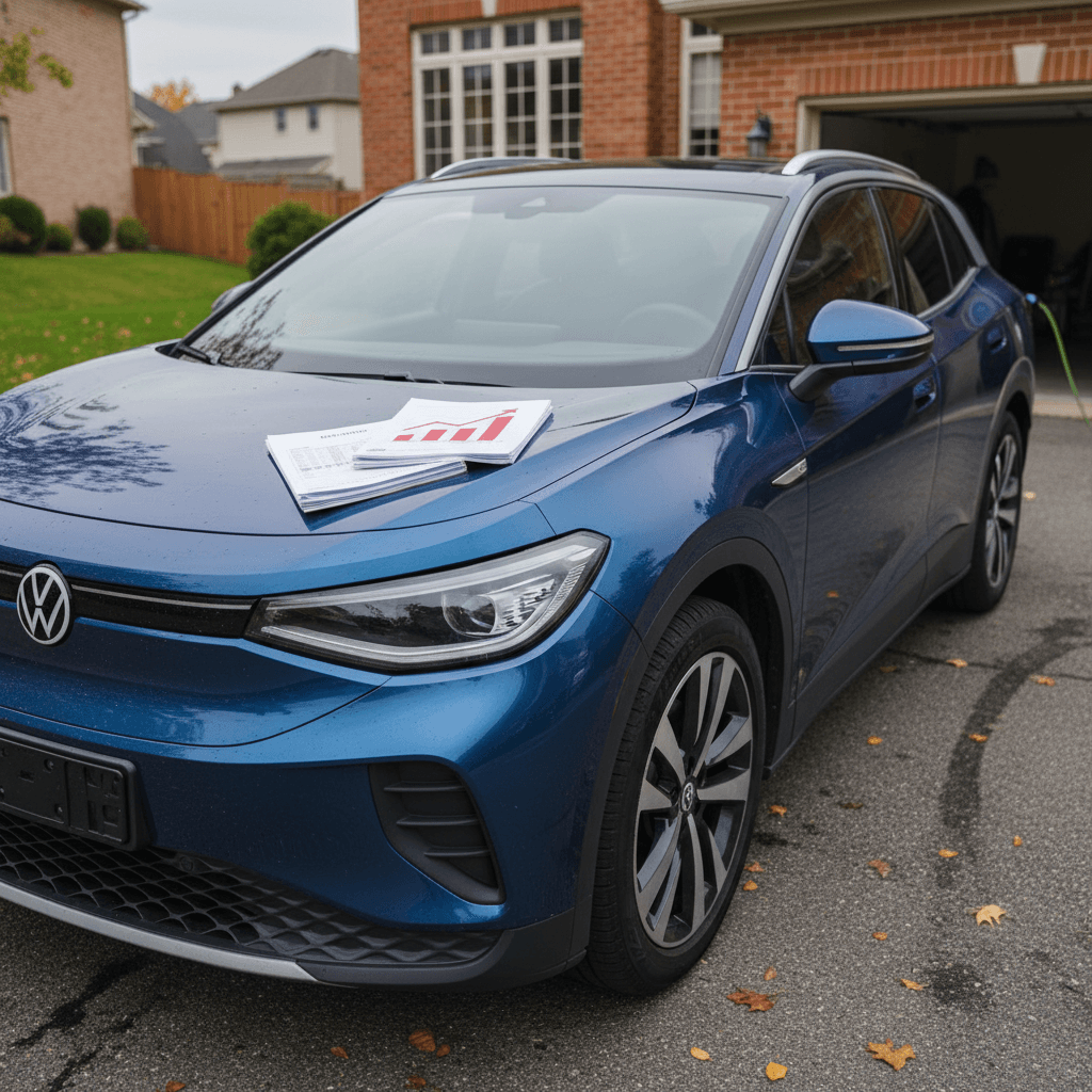 Volkswagen ID.4 electric SUV parked in a quiet neighborhood driveway, symbolizing ownership costs like insurance and charging