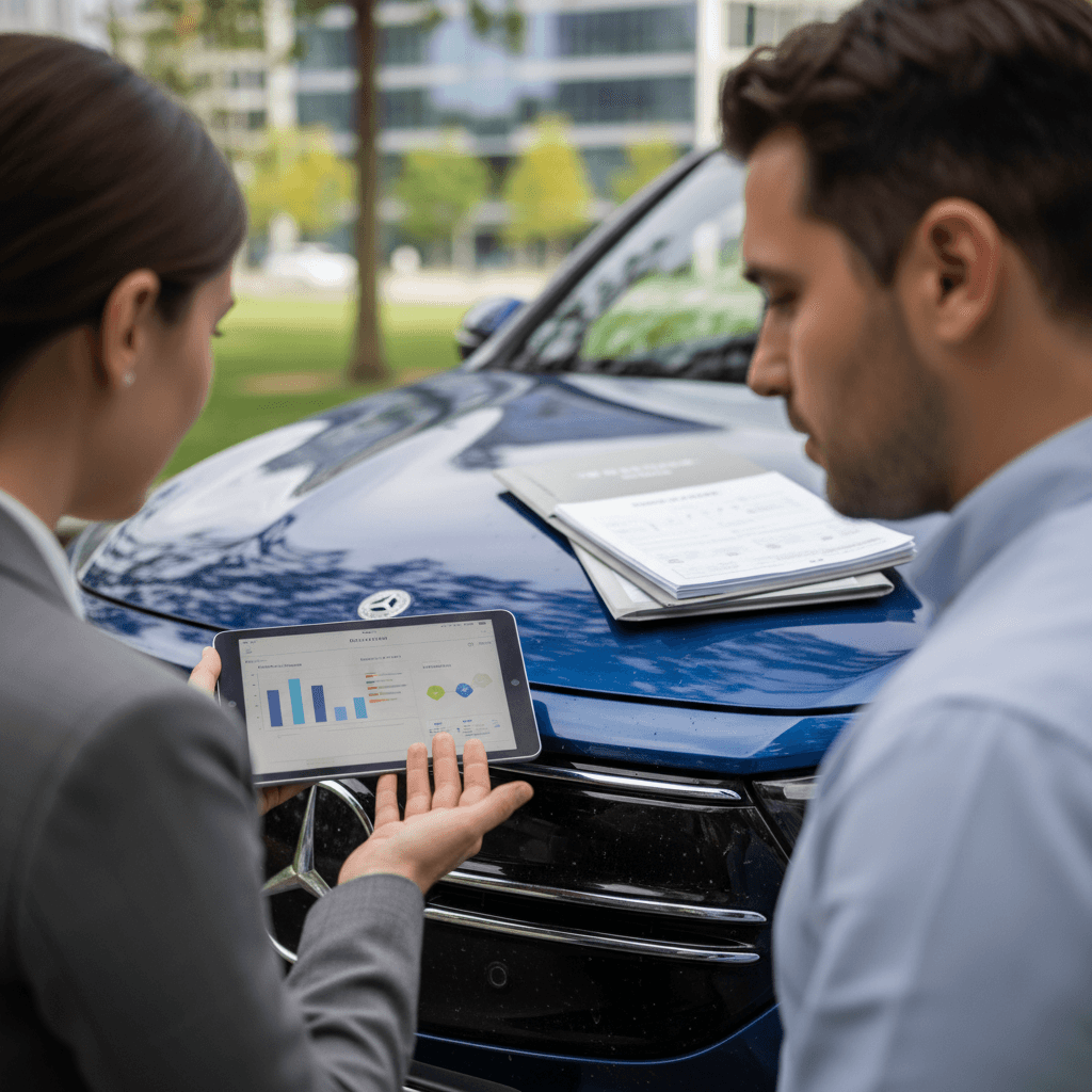 Mercedes EQB owner discussing insurance coverage options with an agent next to the electric SUV