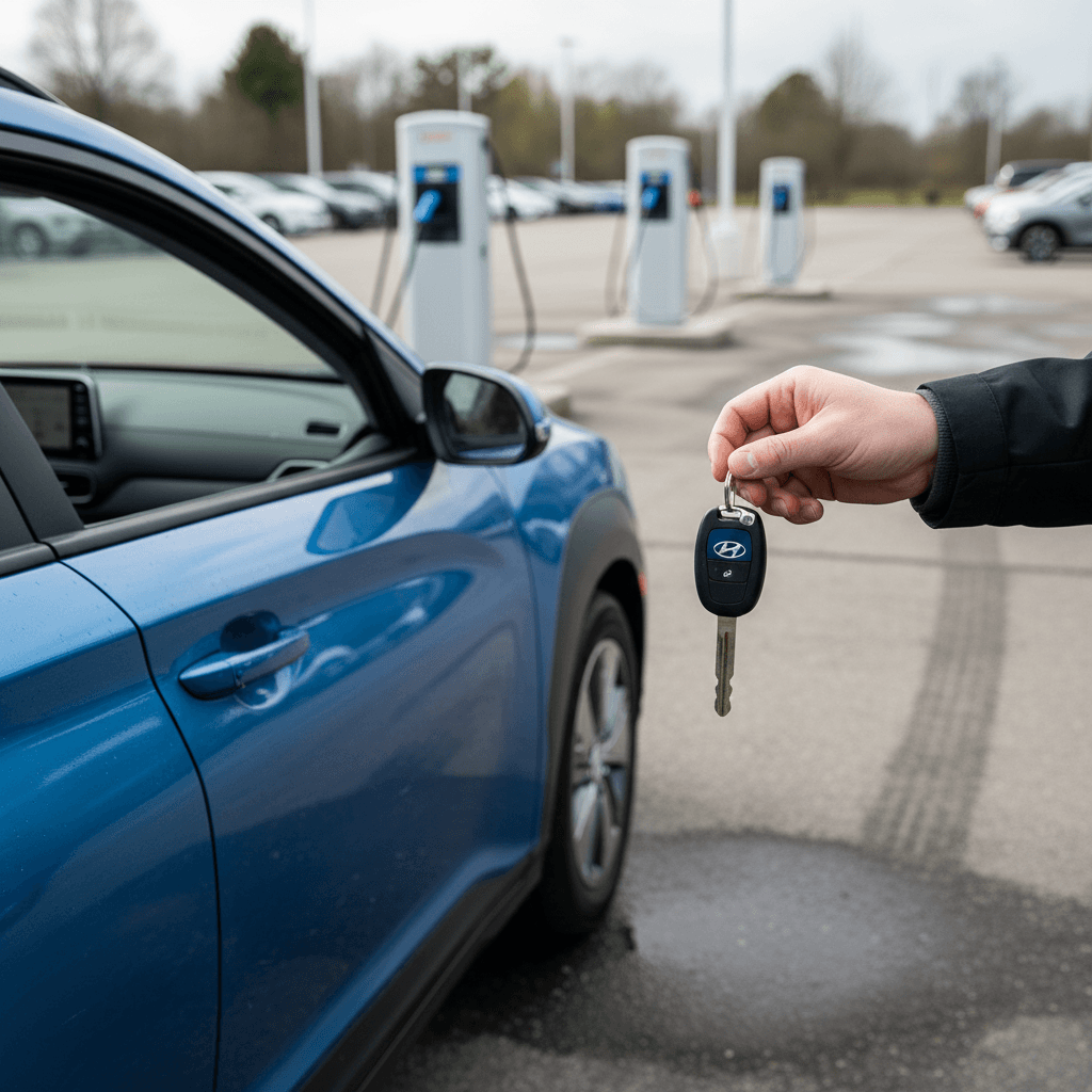 Seller reviewing a battery health report and service records for a 2020 Hyundai Kona Electric before listing it for sale