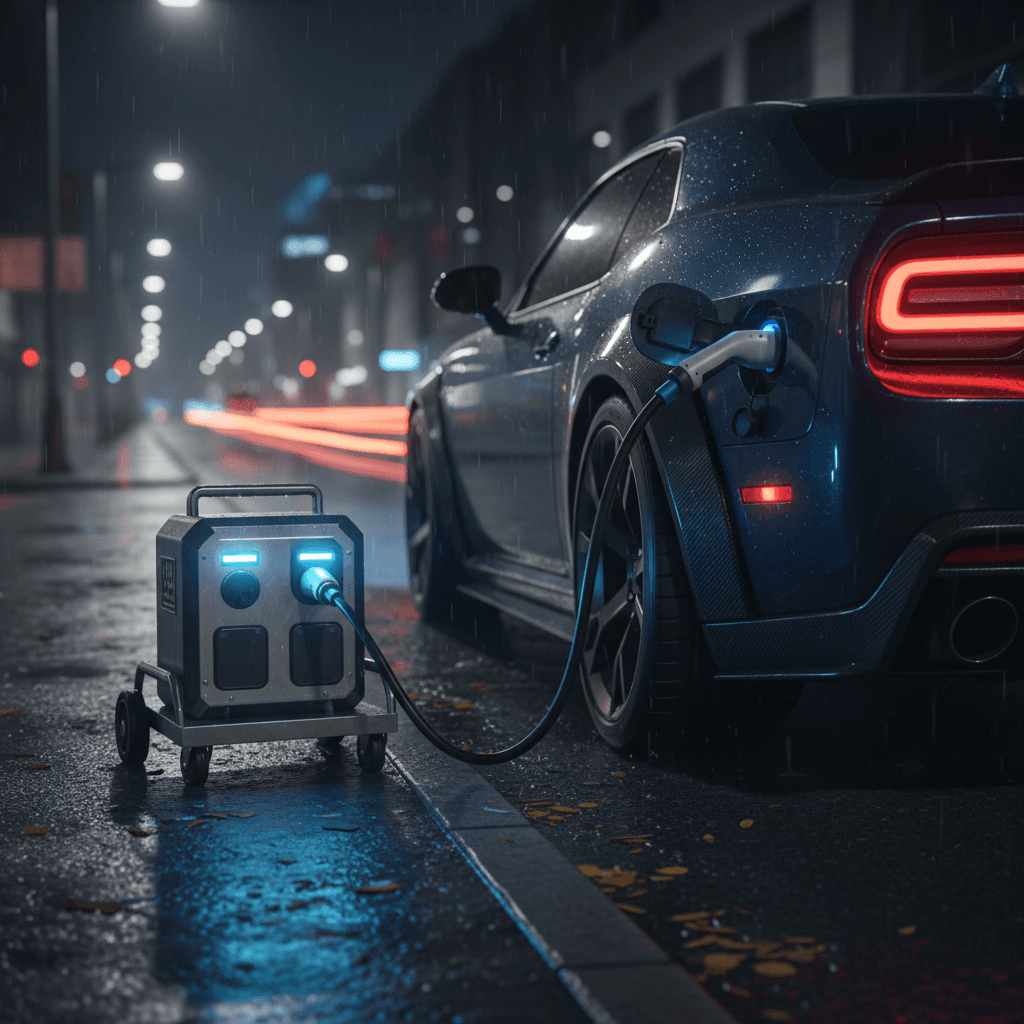 Roadside technician connecting a mobile EV charger to an electric car