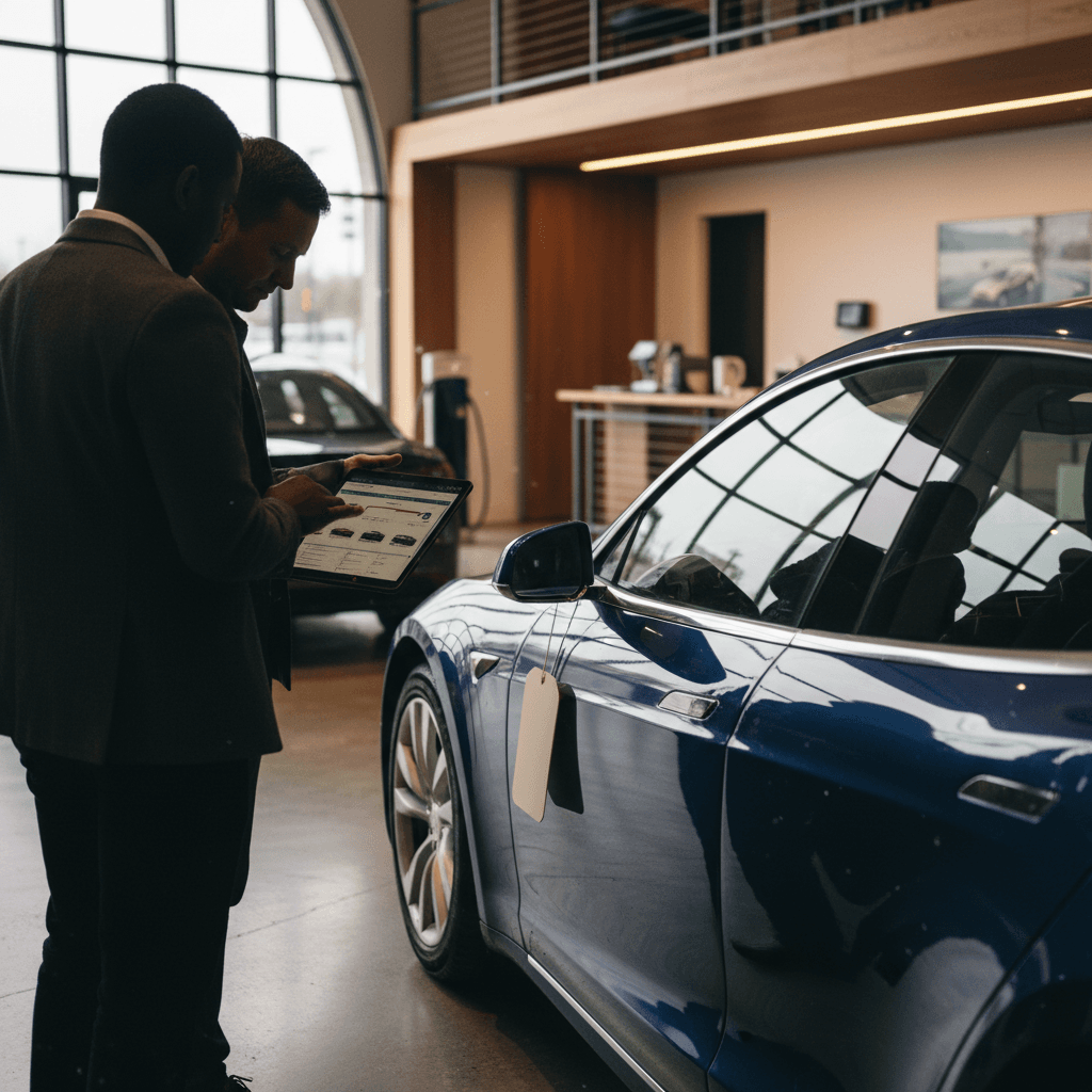 Customer reviewing a battery health and pricing report with an EV specialist beside a used electric vehicle in a modern showroom