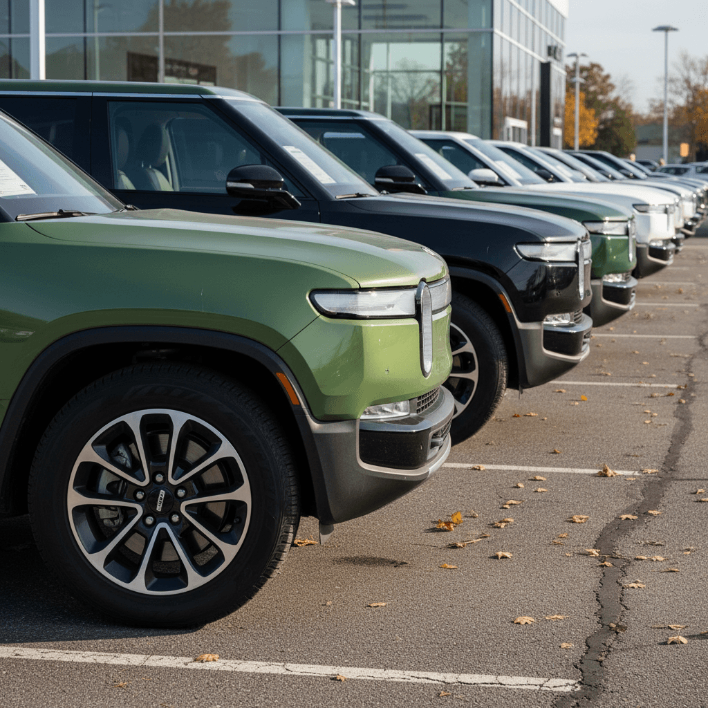 Lineup of used Rivian R1S SUVs parked at a used EV retailer, illustrating varying colors, trims, and equipment levels that affect resale value.