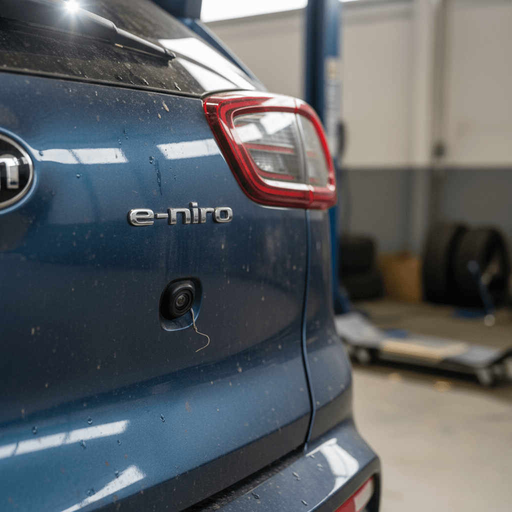 Close view of a 2020 Kia Niro EV tailgate area showing the rear badge and camera, illustrating where recalls may focus on electronics and sealing.