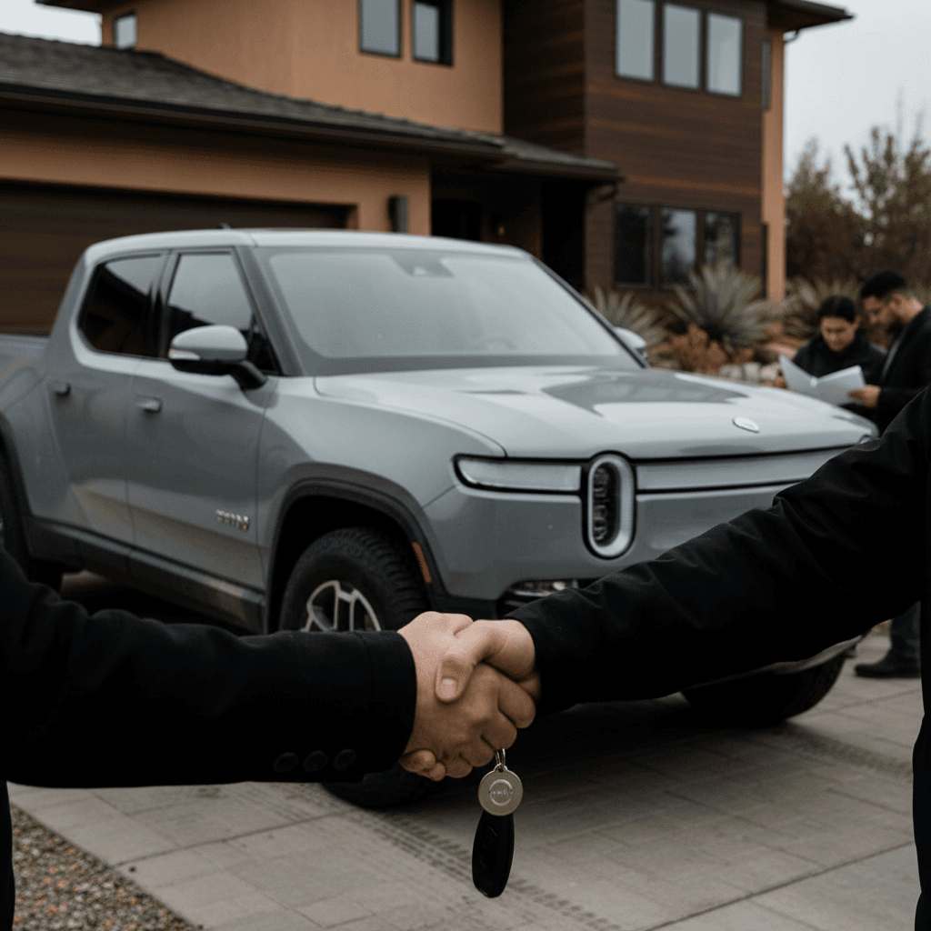 Seller and buyer examining a Rivian R1T with a tablet showing battery health and pricing data
