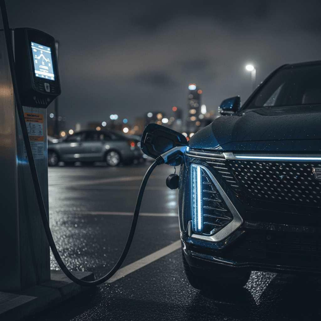 A 2024 Cadillac Lyriq charging at a DC fast charger with its lighted grille and dashboard screen visible