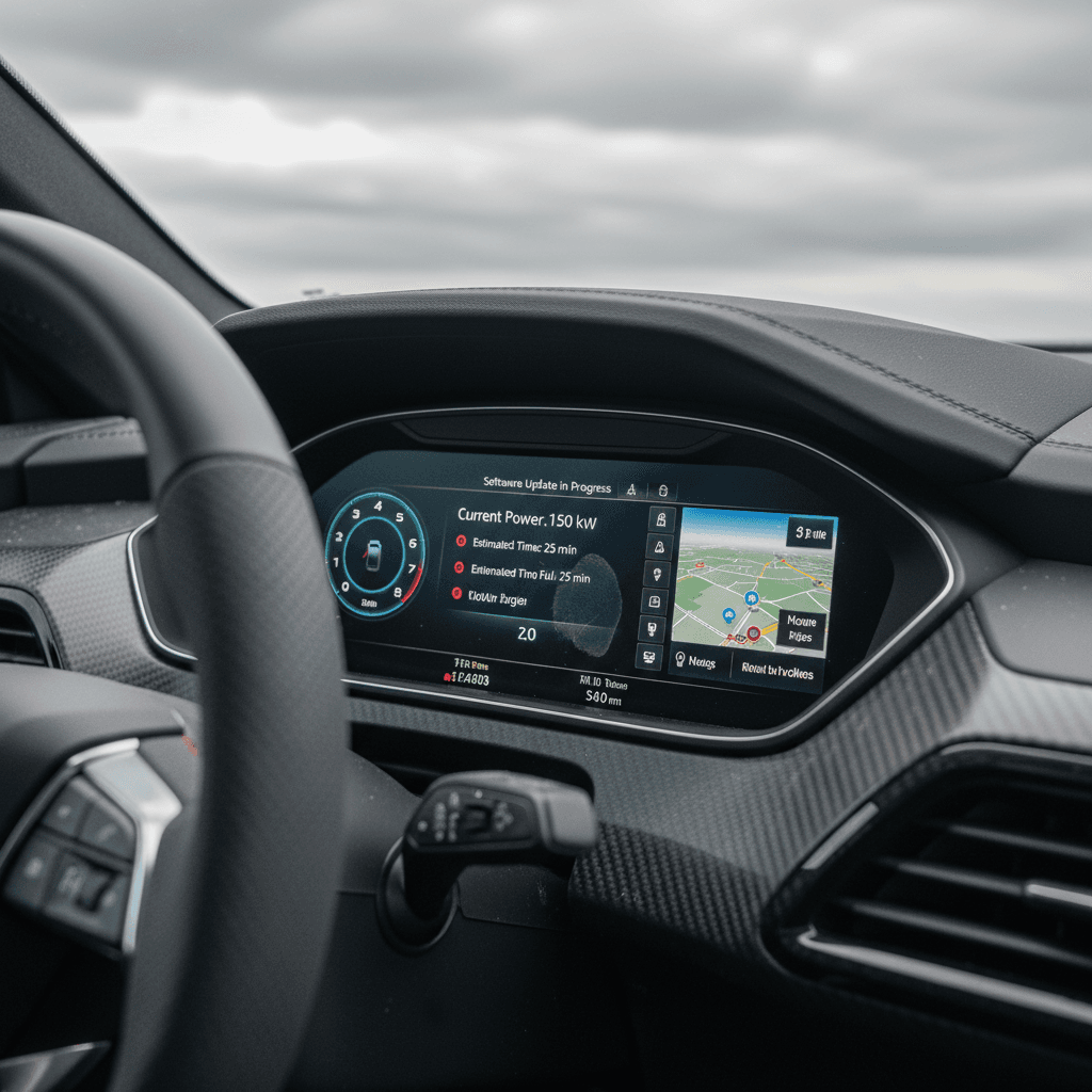 Audi e-tron GT digital cockpit and center screen showing navigation and charging information