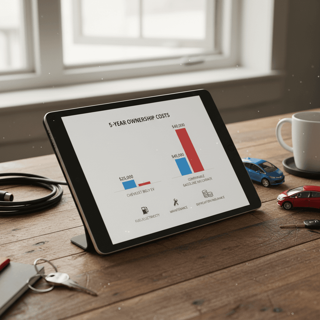 Side-by-side infographic comparing 5-year ownership costs for a Chevrolet Bolt EV and a gas compact, with fuel and maintenance savings highlighted