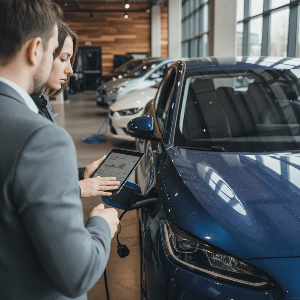 Customer inspecting a used electric car at a dealership with charging stations in the background