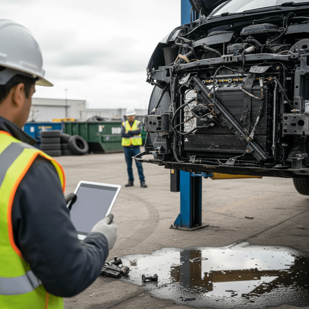 Insurance adjuster photographing front bumper damage on a late-model electric car with visible sensors and cameras