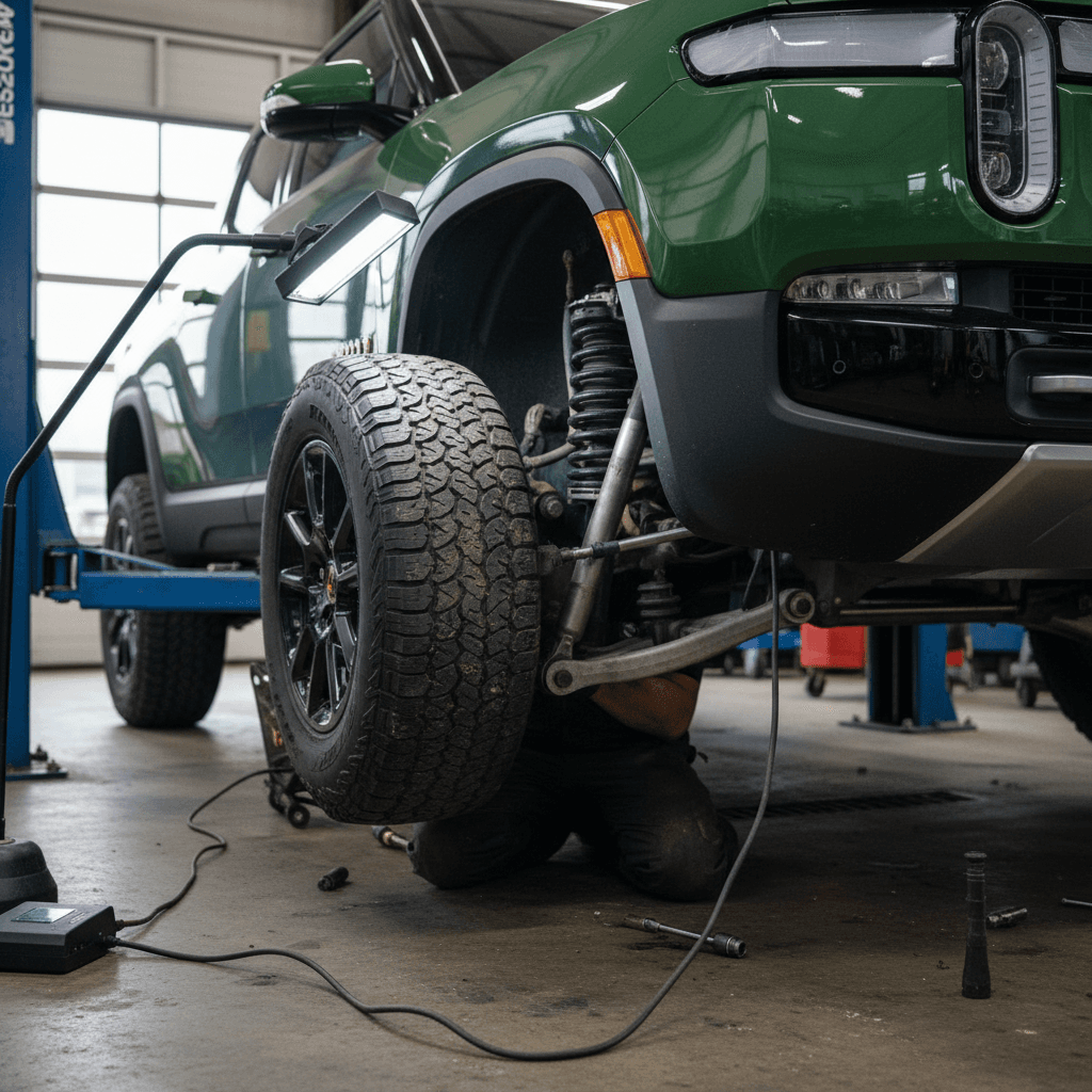 Technician inspecting the front suspension of a Rivian R1T on a lift, checking for wear and noises