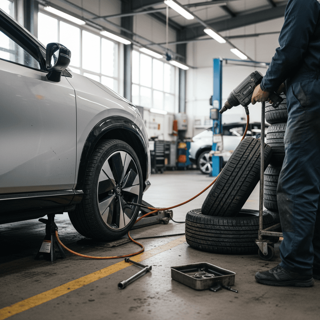 Mechanic removing a worn tire from a Nissan Ariya wheel during replacement