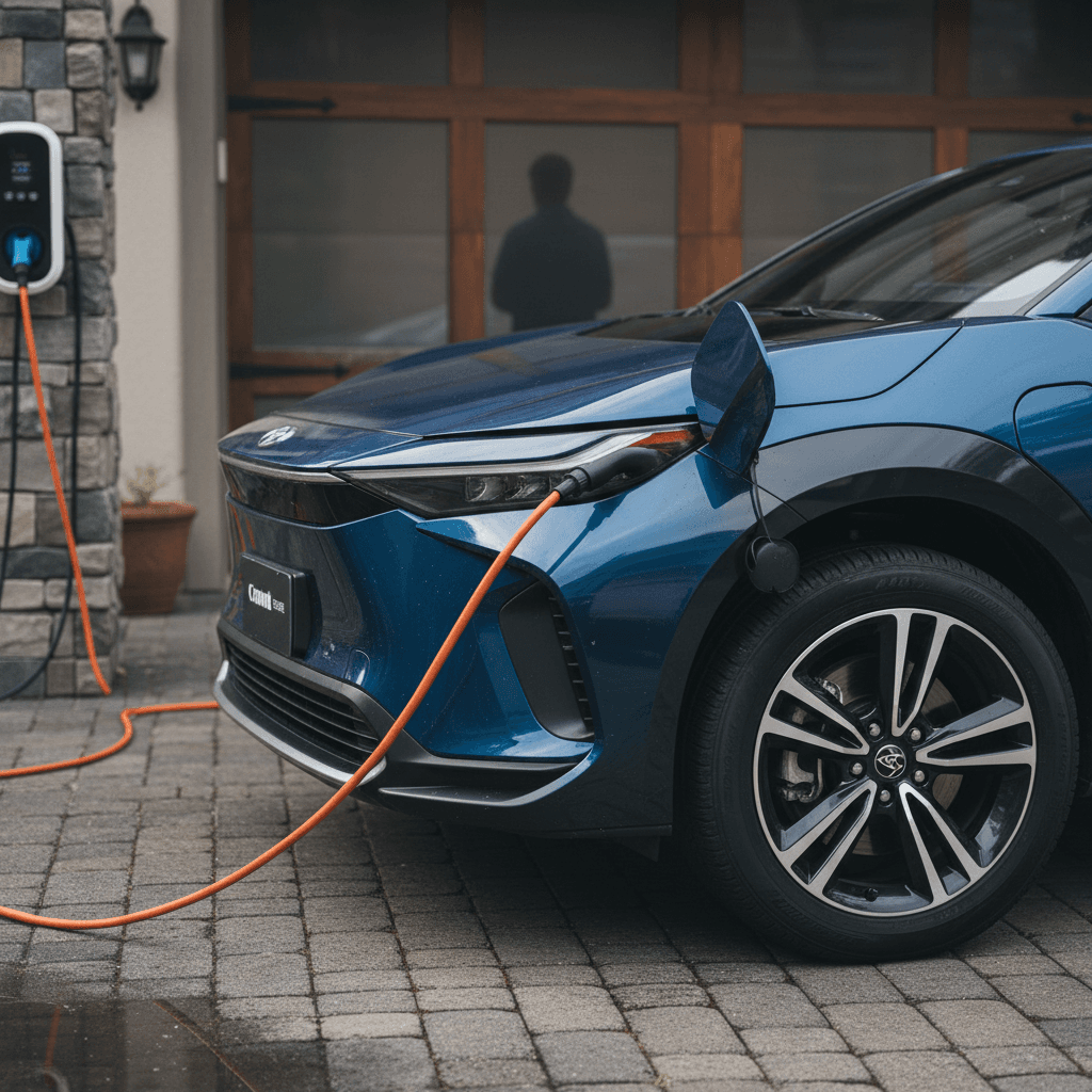 Toyota bZ4X parked in a driveway while charging, highlighting potential 2025 model issues owners should check for