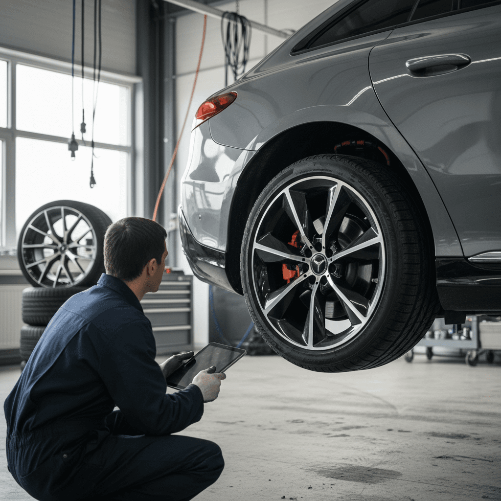 Technician inspecting suspension and brake components on a Mercedes EQS raised on a lift