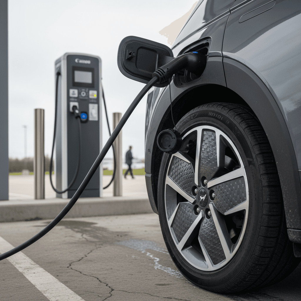 Close-up of a Hyundai Ioniq 5 charge port and front wheel while plugged into a public DC fast charger