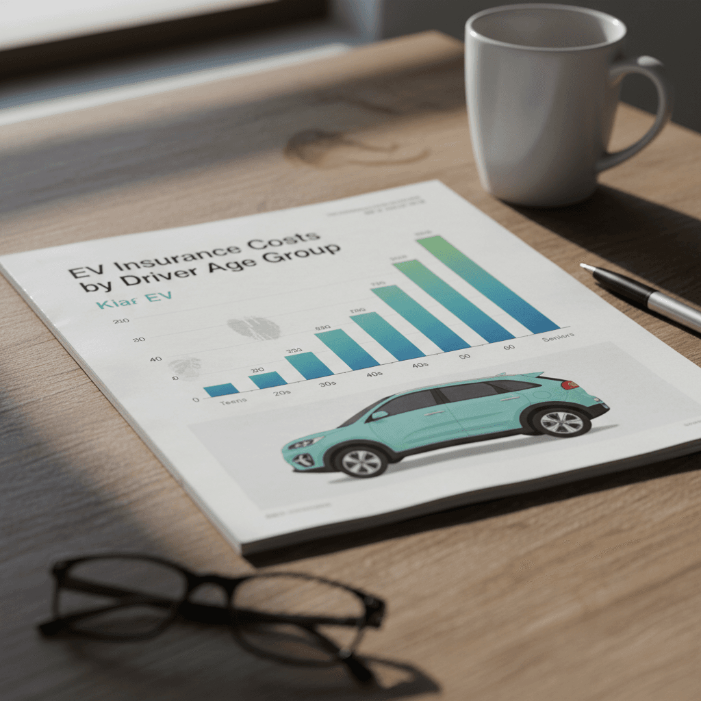 Illustrated chart comparing Kia Niro EV insurance costs for teens, adults, and seniors