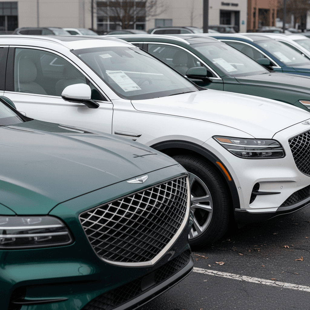 Row of used Genesis Electrified GV70 SUVs parked at a dealership lot showing price tags in the windows
