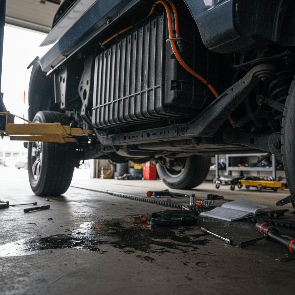 Mechanic inspecting the undercarriage of an electric pickup truck on a lift