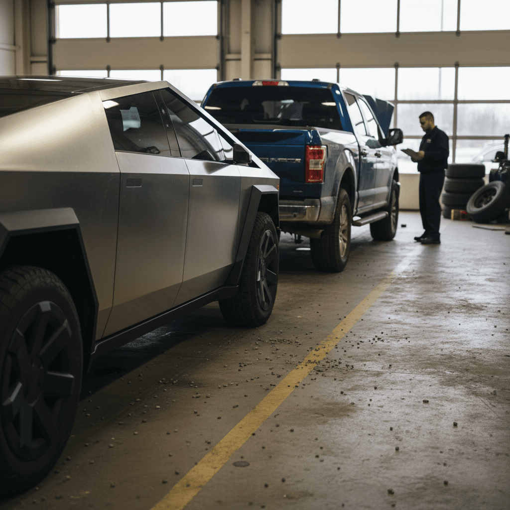 Tesla Cybertruck and conventional pickup truck being appraised side by side at a dealership