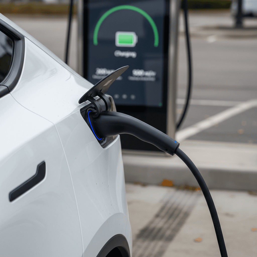 Tesla Model Y plugged into a Supercharger stall with charging rate shown on the screen