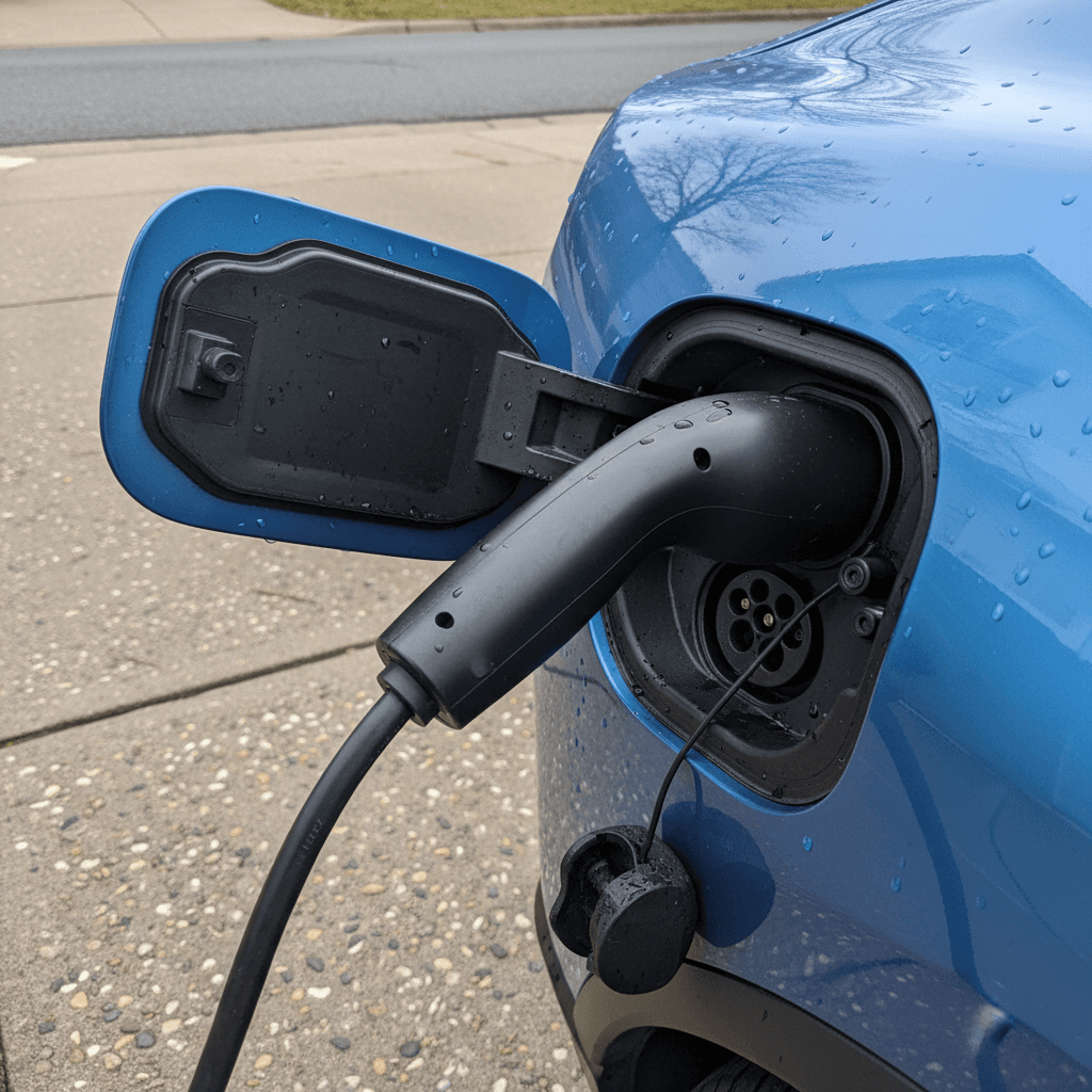 Ford Mustang Mach‑E plugged into a Level 2 home charger in a residential driveway