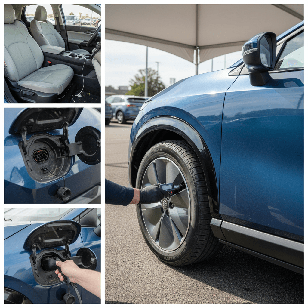 Technician inspecting the exterior and interior of a used Nissan Ariya SUV on a dealer lot