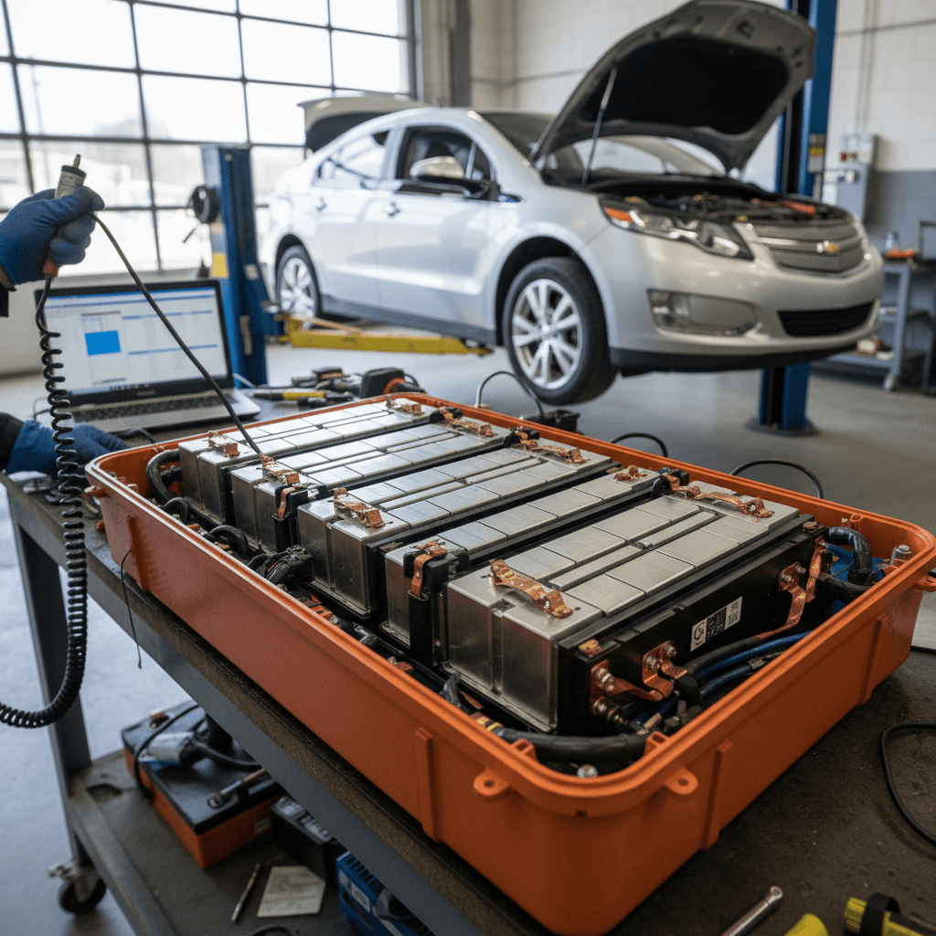 Mechanic inspecting the high-voltage battery pack of an electric car on a lift