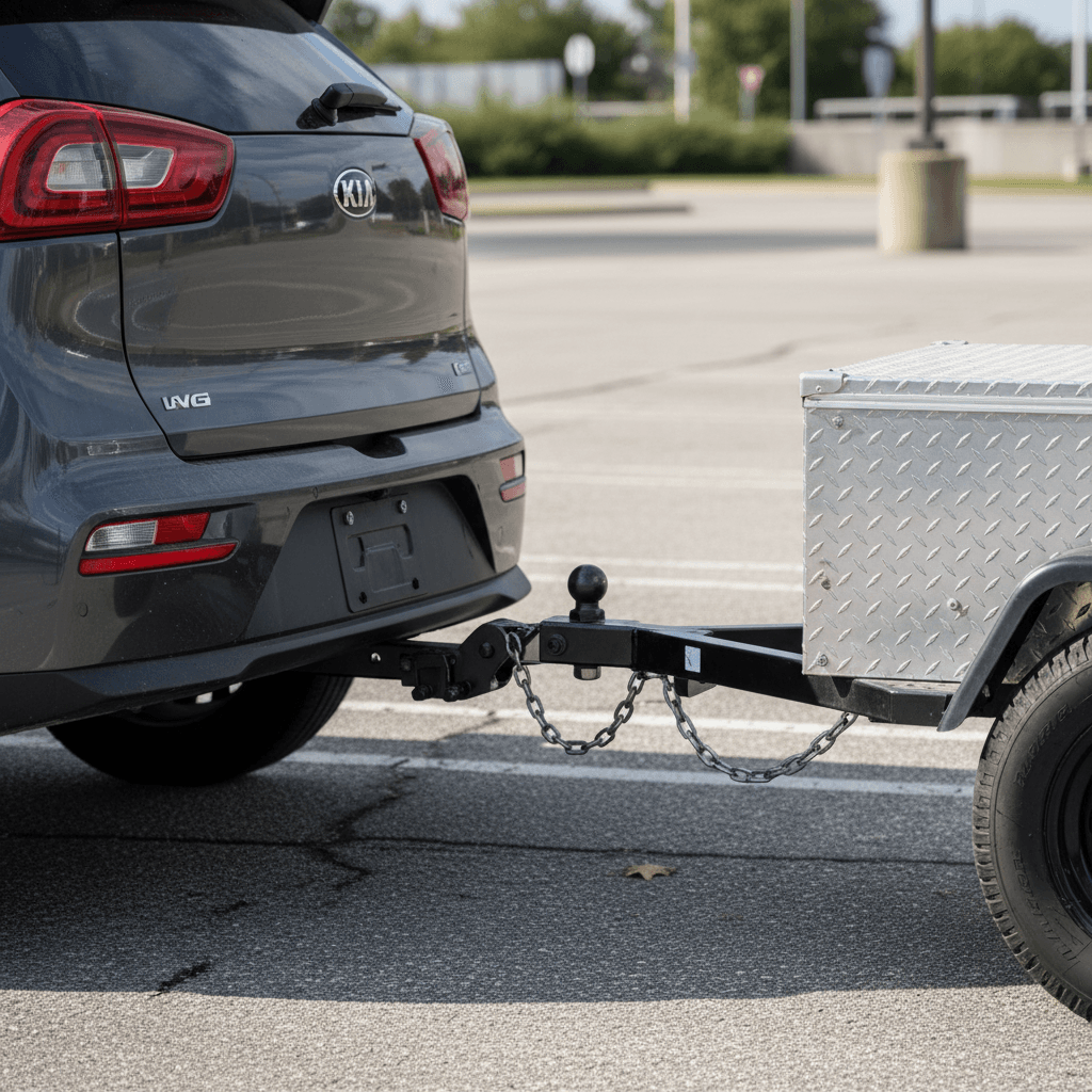Kia Niro EV rear bumper with aftermarket Class 3 hitch installed and a small cargo trailer ready to connect