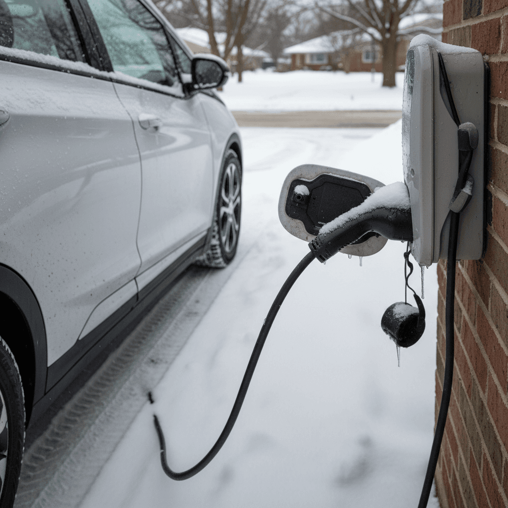 Chevy Bolt EV plugged into a home Level 2 charger on a snowy driveway
