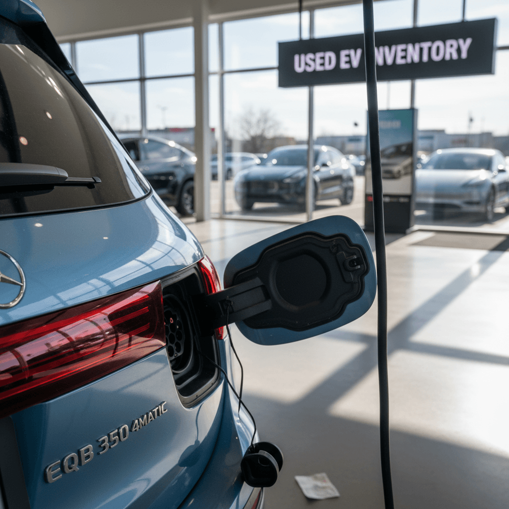 Rear view of a 2023 Mercedes EQB plugged into a home charger, highlighting the charging port and EQB badging