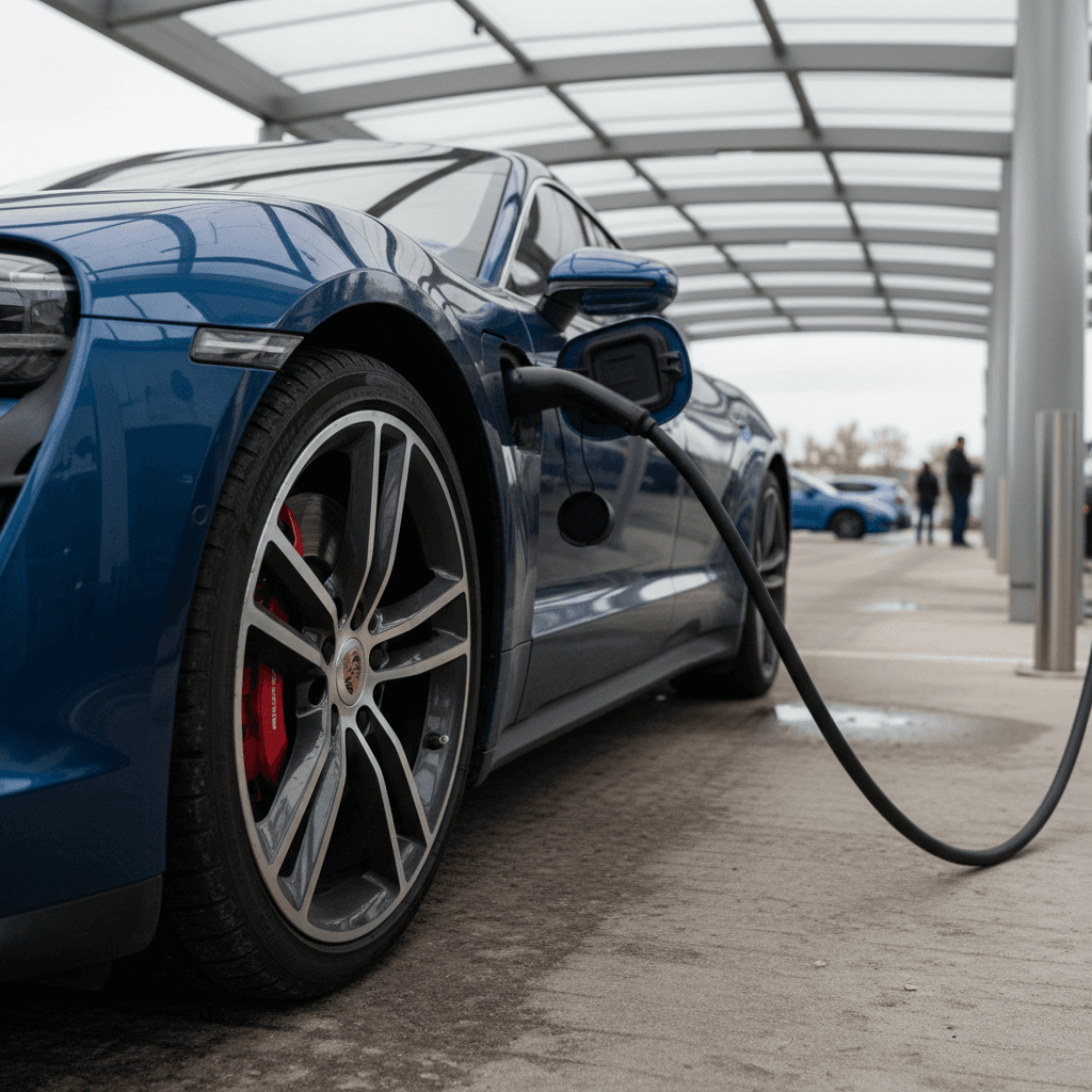A 2021 Porsche Taycan sedan plugged into a DC fast charger at a modern highway charging station